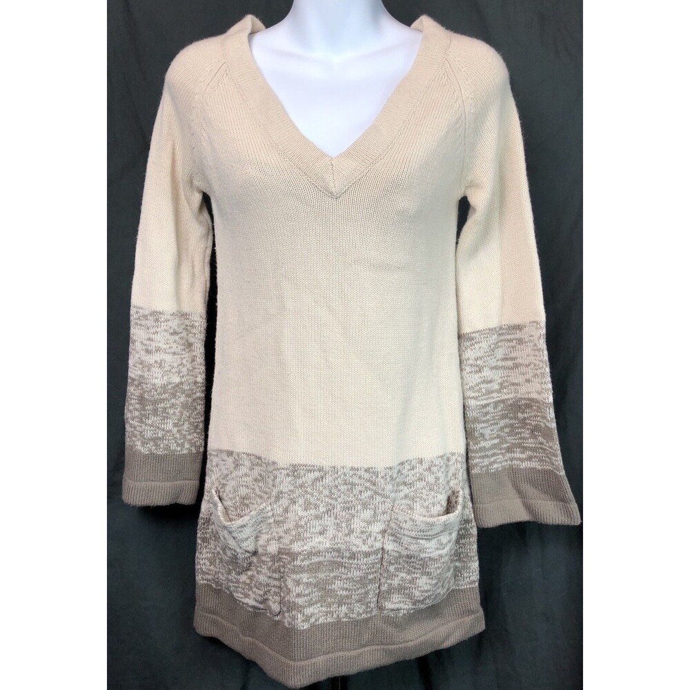 Vintage Tunic Sweater S Beige Stripe V-neck/Back LongSleeve Boho Hippie Festival